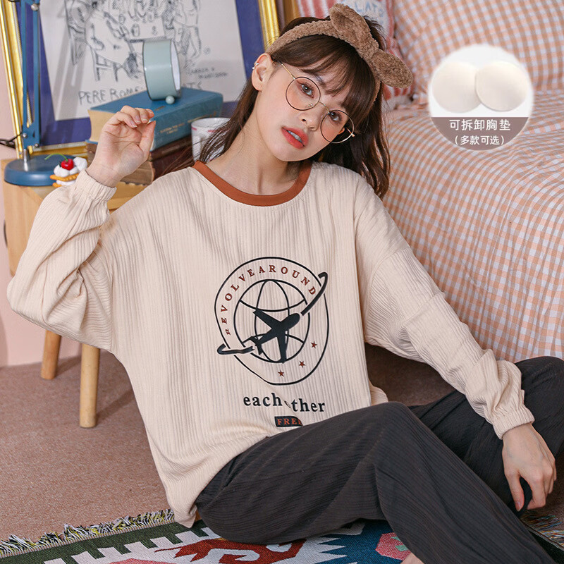 DAPHNE达芙妮【A】睡衣女秋冬季纯棉长袖带胸垫秋天孕妇可爱大码家居服套装 HC7721【带胸垫】 女XXL【棉含量有30】