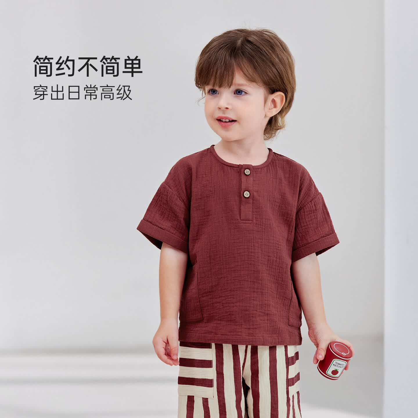 babylove【清仓】宝宝短袖t恤夏季纯棉薄款起皱纱上衣男女童外出纯色百搭 深遂蓝 100