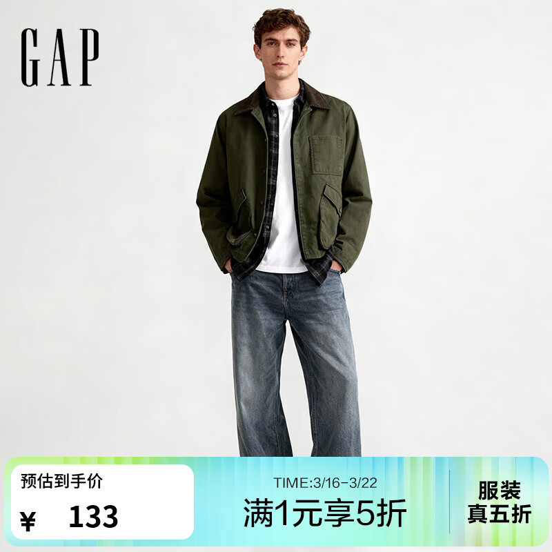 盖璞男装春款多口袋巴恩风翻领宽松夹克外套美版799350 橄榄绿 S 美码 M亚洲码175/92A