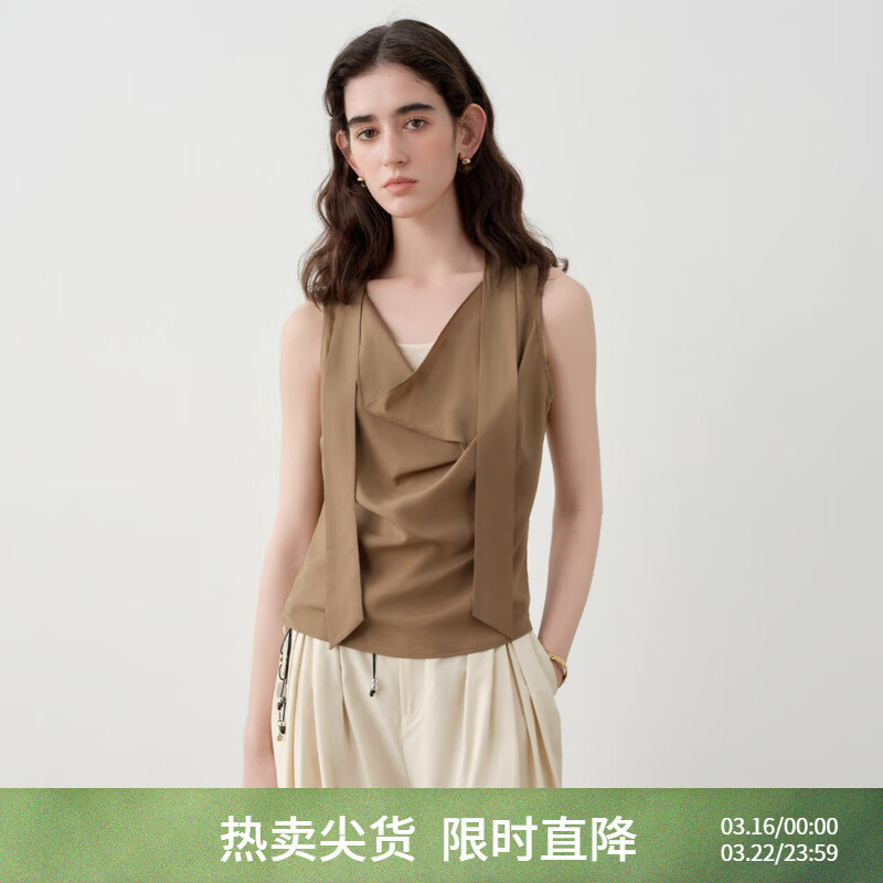 自巧小个子设计感无袖复古波点衬衫女2026夏季新款荡领飘带小衫 摩卡棕 XXS （尺码：1）