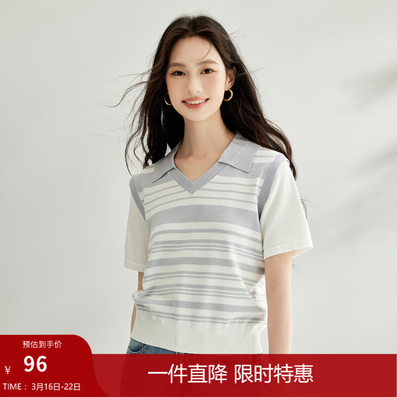 茵曼（INMAN）假两件拼接V领POLO衫女2024秋季时尚百搭舒适条纹针织衫上衣 兰色 M