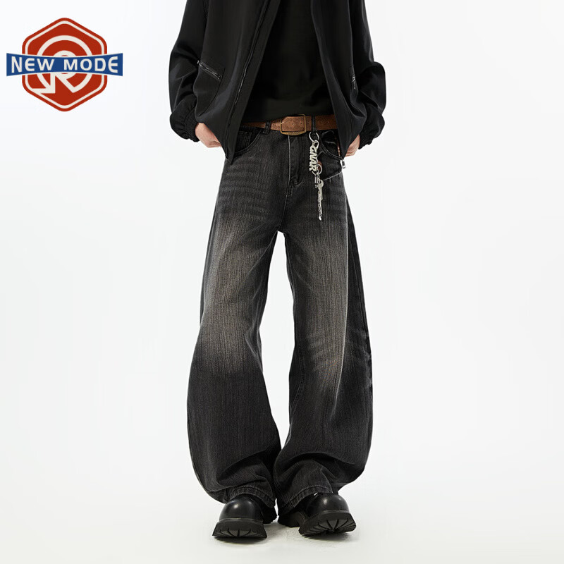 NEW OR MODE美式高街竹节纹弯刀牛仔裤男潮牌新款宽松复古直筒百搭休闲阔腿裤 黑色【高品质】 S 【建议80-95斤】