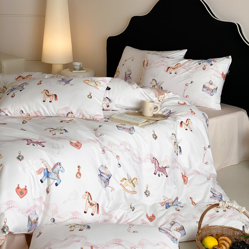 ROLAND LIVE 简约轻奢风长绒棉60春夏四件套亲肤裸睡被套床单全棉四季床品 KZ 长绒棉四件套-有钱花奶白 标准 床单款 【被套200*230cm】