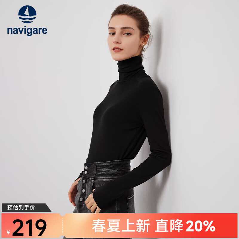 Navigare意大利小帆船女士长袖T恤秋冬季羊毛高领打底衫简约百搭弹力体恤 暗夜黑磨毛版 S