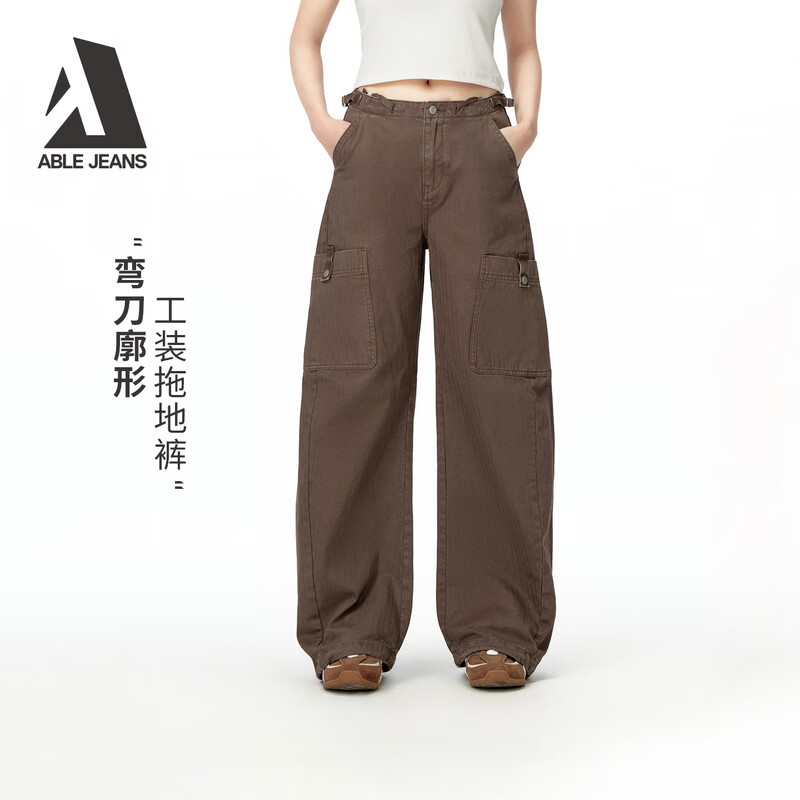 ABLE JEANS【工装拖地裤】26春夏新款女裤纯棉休闲宽松长裤百搭显瘦弯刀裤 石英咖啡 24
