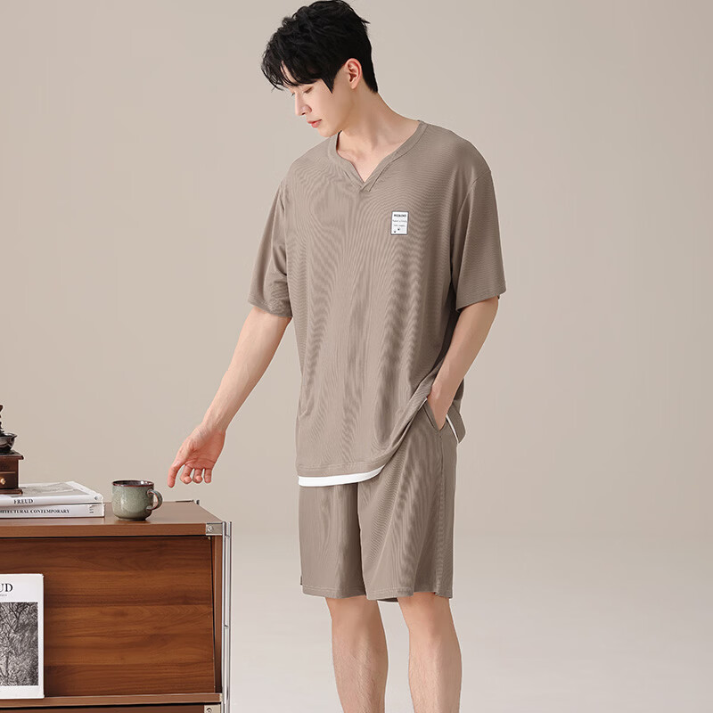 都市丽人男士睡衣夏季薄款冰丝短袖短裤凉感透气男生可外穿家居服套装 凉感男士短袖短裤-藏青色 L （建议105-135斤）