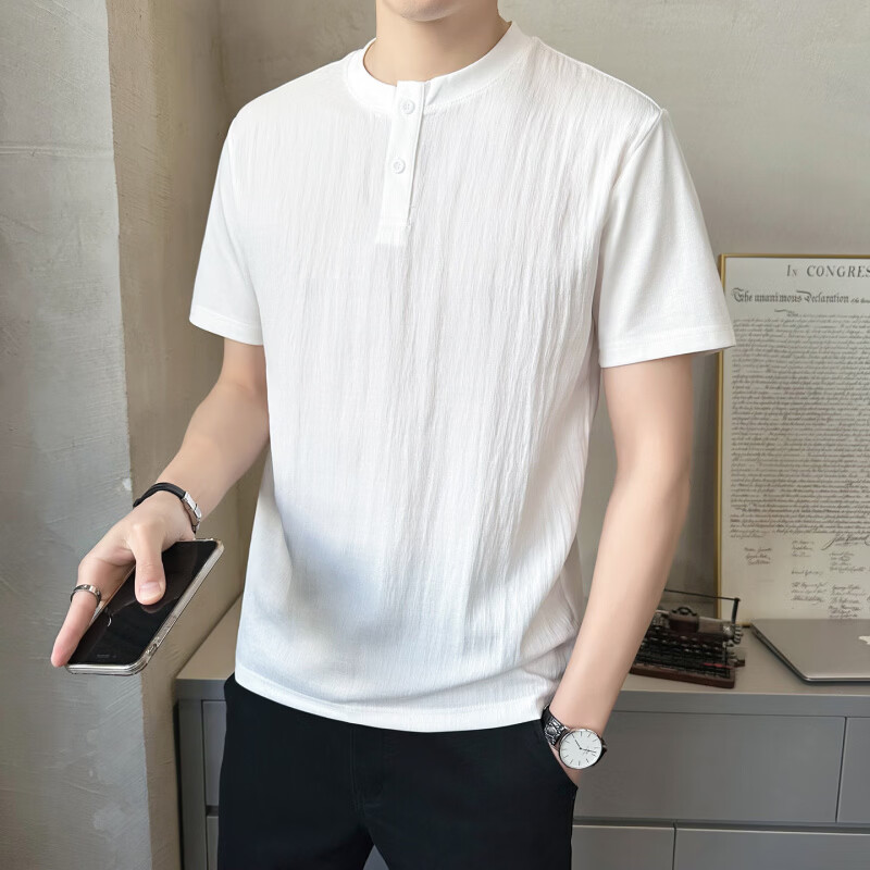 JPUZ男士短袖T恤夏季2026新款冰丝薄款圆领男装潮流百搭休闲半袖体恤 白色 M