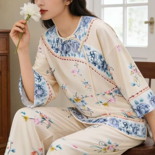 新中式国风睡衣套装2026年新款冰丝宫廷风轻奢女士春夏家居服套装 313黄 3XL （建议160-180斤）