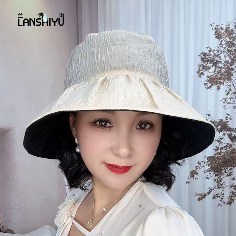 兰诗雨遮阳帽女双面戴渔夫帽夏季防晒帽遮脸太阳帽时尚百搭帽子 黑色+米白色 大头围（58-62CM）