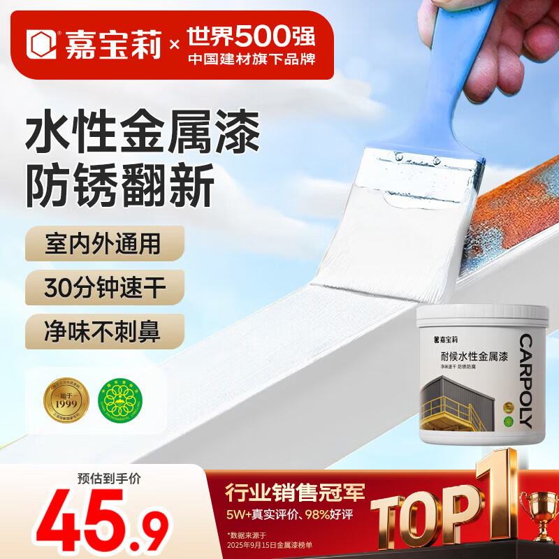 嘉宝莉防锈漆水性金属漆入户门改色漆彩钢瓦翻新专用漆油漆涂料白色1kg