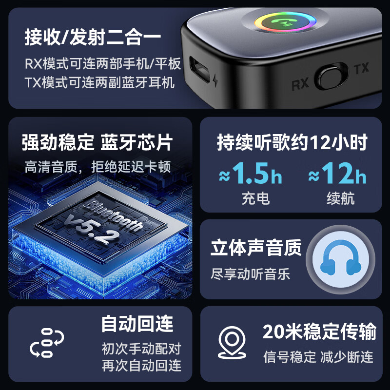 雷翼（RAYEE）蓝牙接收器发射器改装音响功放3.5mm音频适配手机接aux车载Switch电视接耳机音箱一拖二 蓝牙收发器【降噪过滤杂音】送线材套装