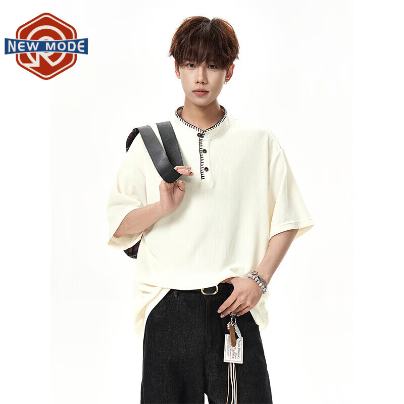 NEW OR MODE美式复古亨利领短袖t恤男夏季新款潮牌宽松设计感百搭正肩polo衫 杏色【高品质】 M 【建议90-110斤】