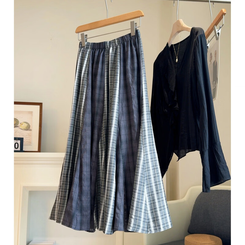 衣库优选小众拼接条纹半身裙女春松紧高腰显瘦风复古休闲格子中长裙子 灰-优衣女装库品牌商场撤柜- 均码