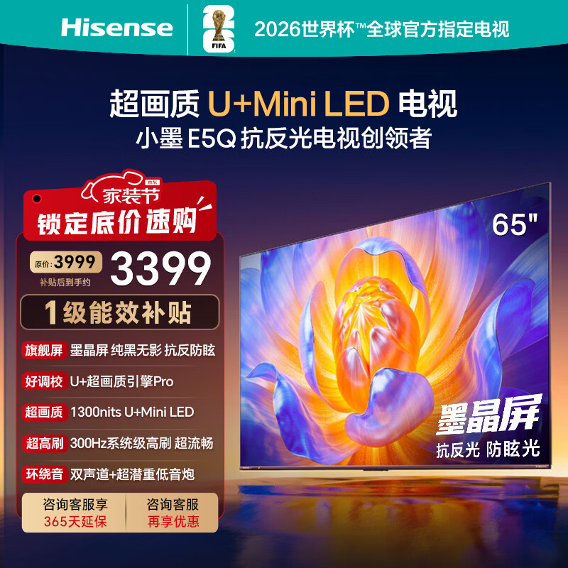 海信电视E5Q 65英寸 抗反光防眩光墨晶屏 U+Mini LED  300Hz高刷 U+超画质引擎Pro 国家补贴 65E5Q