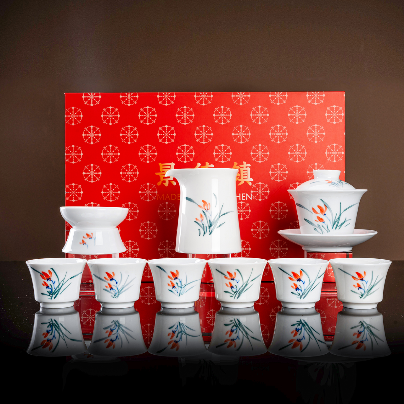 韵之和景德镇玉泥手绘青花茶杯耐热加厚茶漏套装泡茶盖碗过滤分茶杯送礼 手绘兰花-10件三才盖碗组合【礼盒装】