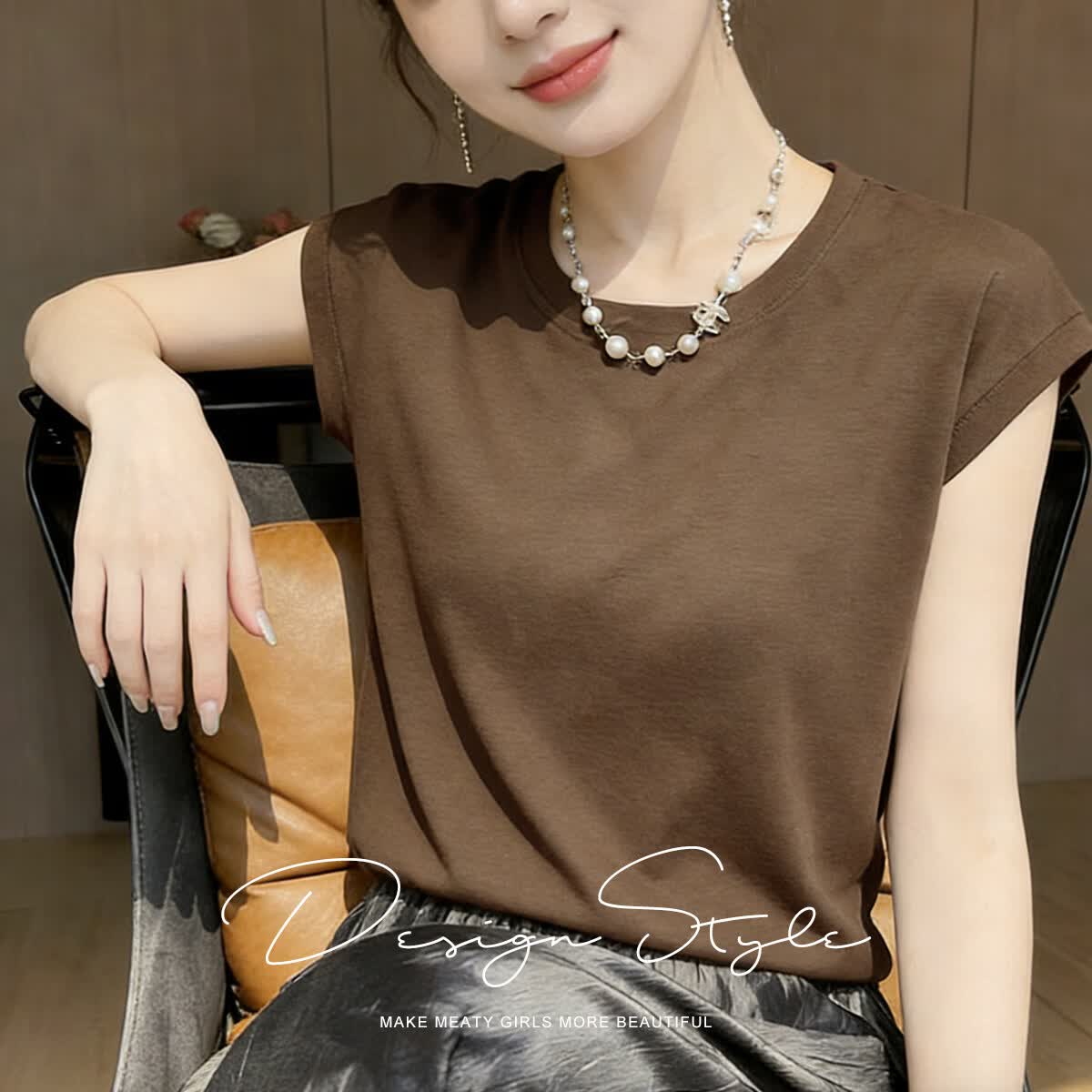 六月玫瑰韩系慵懒风打底T恤女大码纯色修身显瘦圆领小飞袖百搭上衣可外穿 摩卡 2XL