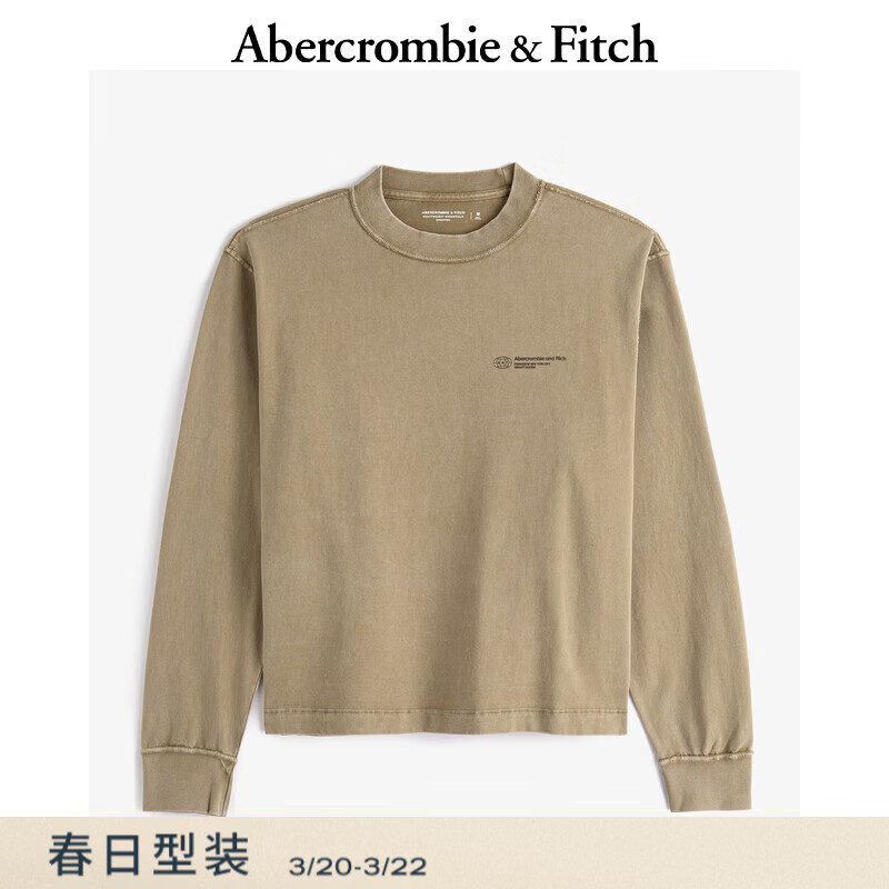 Abercrombie &amp; Fitch美式复古舒适百搭做旧LOGO长袖T恤春夏男装123-4080 卡其色 M (180/100A)
