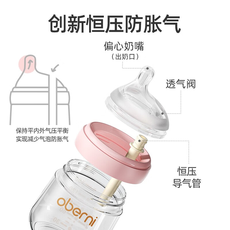 欧贝妮新生婴儿奶瓶防胀气玻璃奶瓶母婴用品初生0-3-6个月以上 150ml粉 0-3个月 【偏心防胀气】