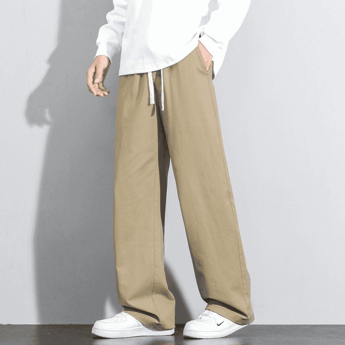 春季高品质全棉休闲裤男宽松显瘦直筒纯色百搭长裤舒适耐磨阔腿裤 8030卡其色 XL 建议140-160斤