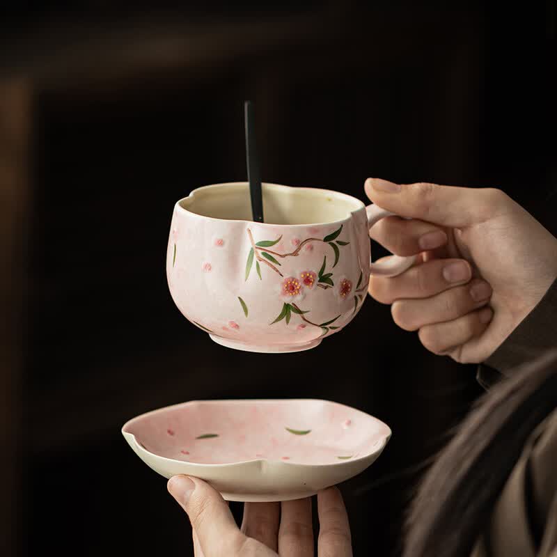 手绘桃花咖啡杯碟套装家用陶瓷马克杯办公室女生专用下午茶喝水杯 手绘桃花-咖啡杯【礼盒装】 101-200ml