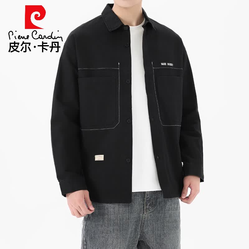 皮尔卡丹春季新款衬衫领外套男纯棉时尚青年夹克宽松百搭潮流帅气休闲上衣 黑色 M