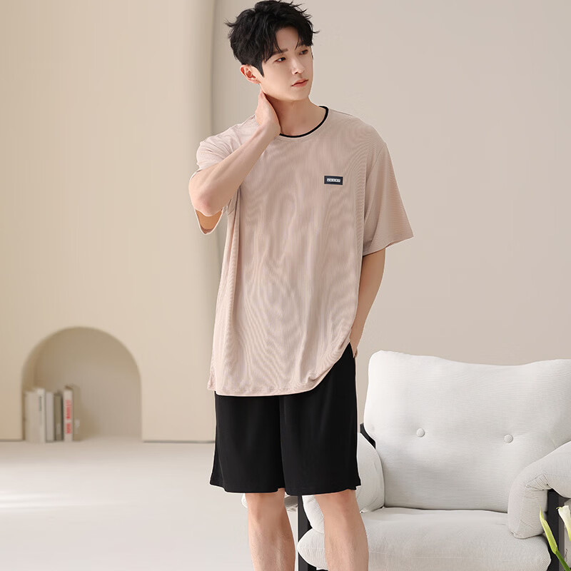 都市丽人睡衣男士冰丝凉感夏季薄款休闲大码圆领短袖短裤家居服套装可外穿 男士短袖短裤套装-浅灰色 L （建议105-135斤） （建议135-155斤） 