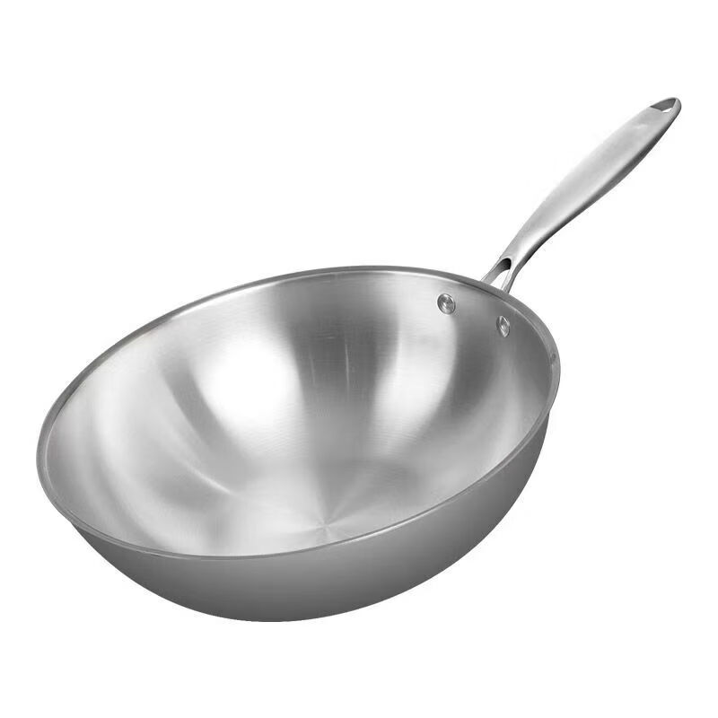 层不不锈钢炒锅加厚平底无涂层不粘锅家用防锈炒菜锅电磁炉通用 带耳款＋锅盖 34cm 不锈钢锅 圆底款