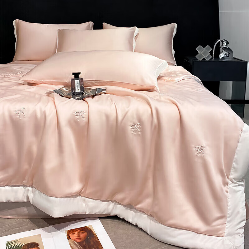 唐纳家纺冰丝印花夏凉被印花空调被夏凉被单人双人夏季薄被芯可机洗爆款 冰丝夏被-蝴蝶结-奶油粉【丝滑裸睡】 150*200cm【单夏被 裸睡】