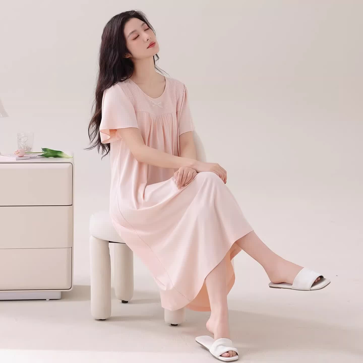 莫代尔莱赛尔睡裙女春夏季圆领蕾丝2026新款带胸垫甜美风家居服 39M26108 L (建议100-120斤)