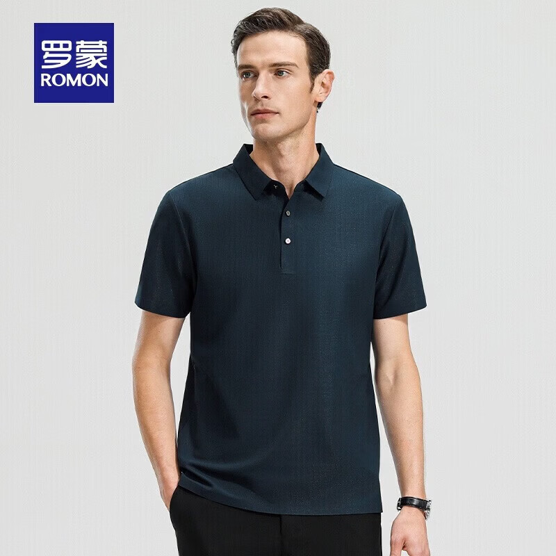 罗蒙(ROMON)高弹华夫格短袖t恤男夏季新款纯色易打理T恤衫中青年翻领上衣 藏青 M 170(建议90-115斤)