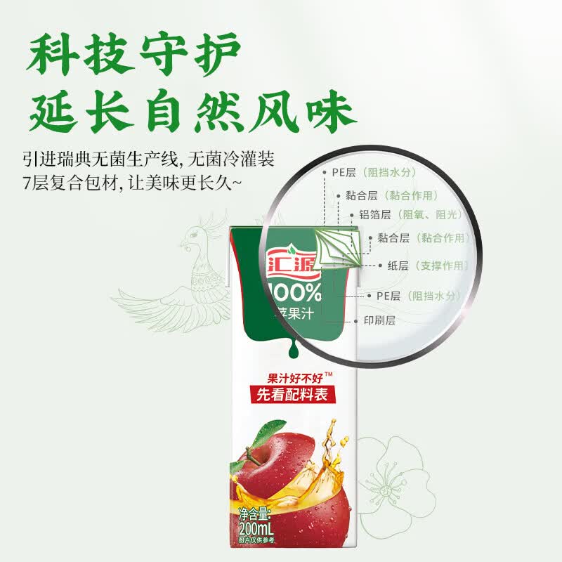 汇源100%苹果汁 200ml*12盒 玲珑装纯果汁饮品整箱 焕新回归焕新回归