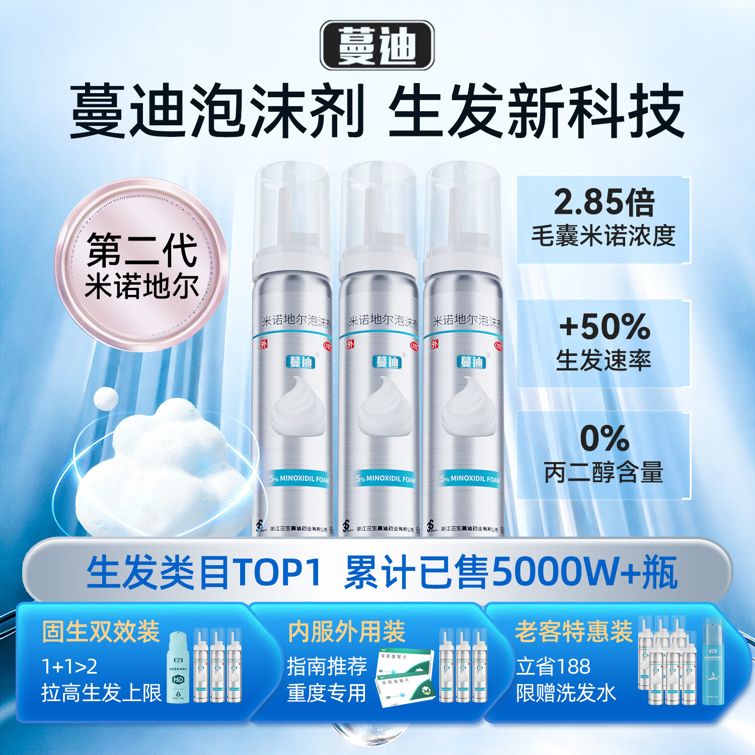 蔓迪【第二代米诺地尔】蔓迪5%生发泡沫剂60g*3（倍速生发 温和低敏）男女专用治脱发防脱育发米洛酊搽剂