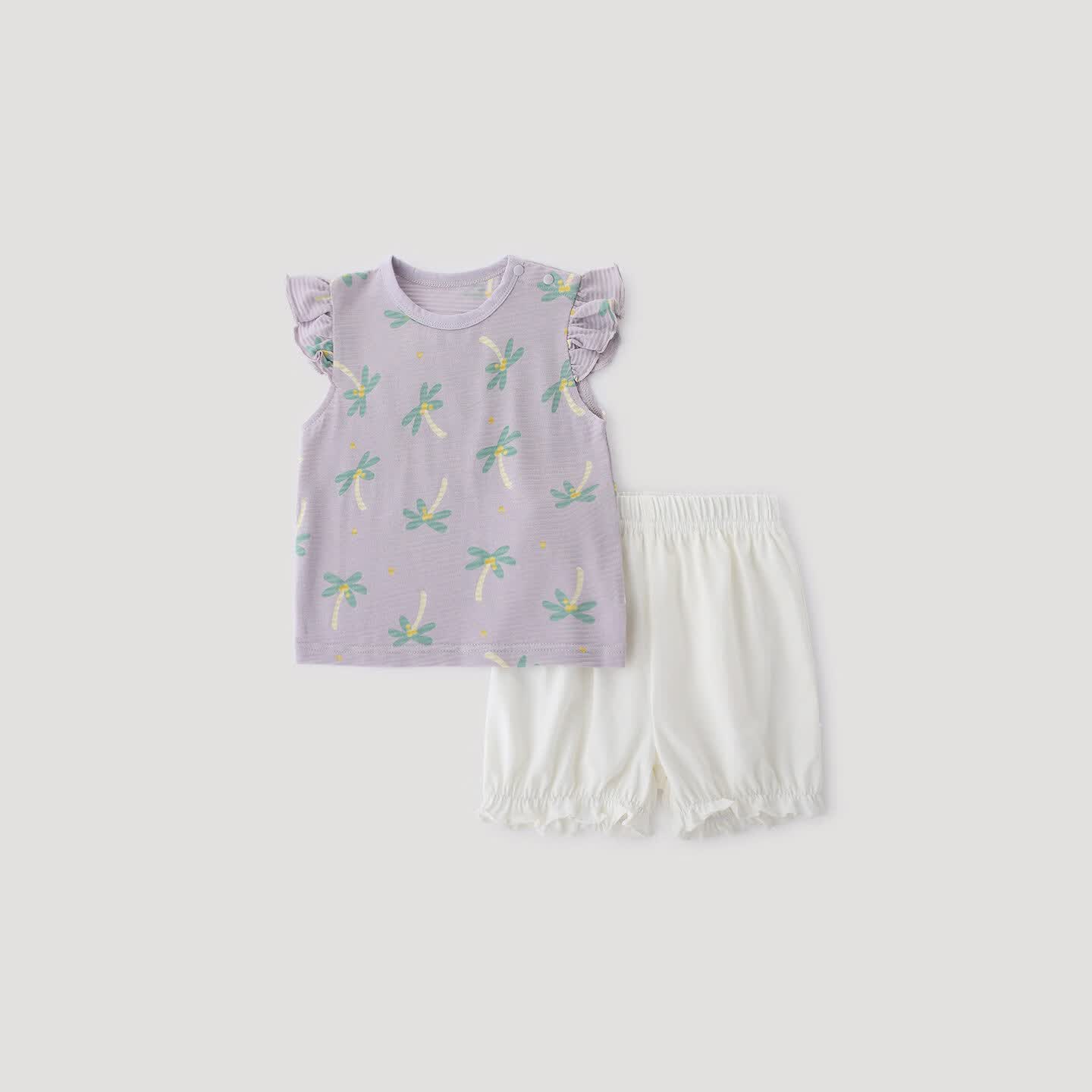 巴厘小猪女童夏装短袖薄款儿童套装夏季婴幼儿分体衣服莫代尔女宝宝两件套 椰林悠游 100