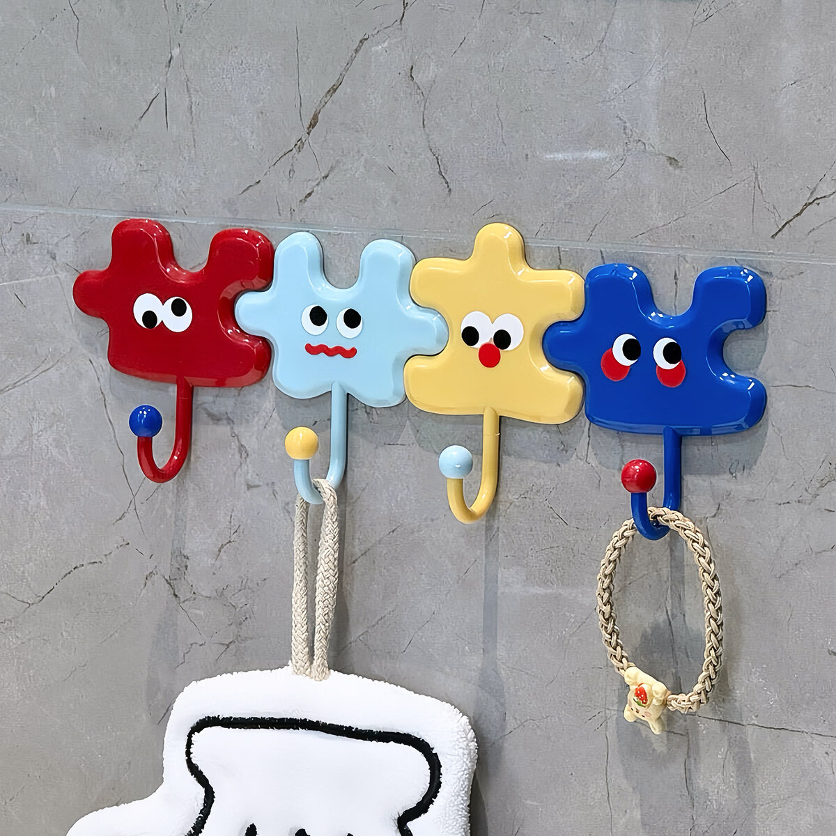 溥畔多巴胺拼图挂钩强力粘胶免打孔强力承重浴室厨房门后墙壁无痕粘钩 拼图挂钩1套[稳固不掉防水防潮]