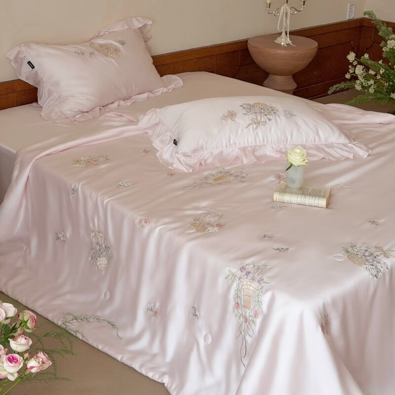 ROLAND LIVE凉感60兰精天丝刺绣夏被单件双人薄被丝滑夏凉被空调被四件套 LB 天丝夏被-夏花粉色 单夏被200cm*230cm