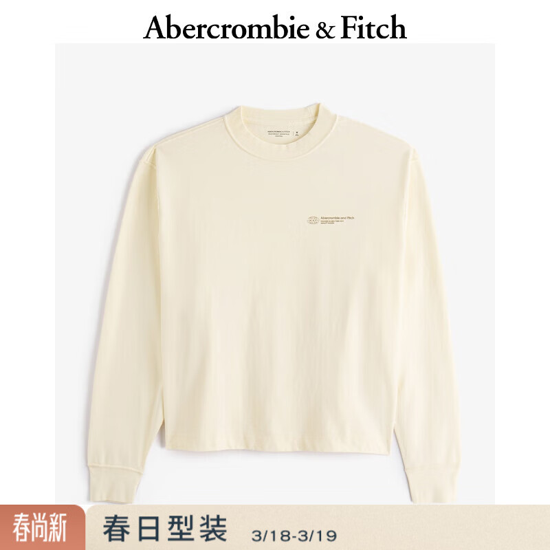 Abercrombie &amp; Fitch美式复古舒适百搭做旧LOGO长袖T恤春夏男装123-4080 奶油色 M (180/100A)