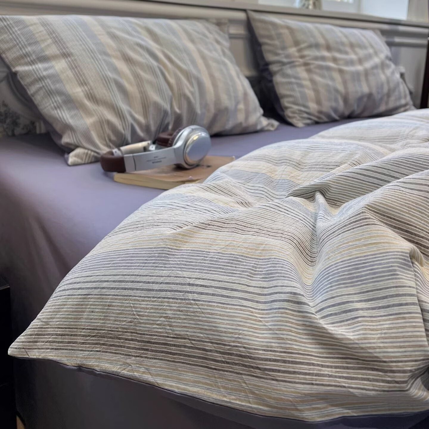 苏萱现代简约条纹全棉水洗棉床上四件套纯棉1.5m公寓被套床单四季床品 凯西亚-兰 1.8m 床单款 四件套-被套200x230cm