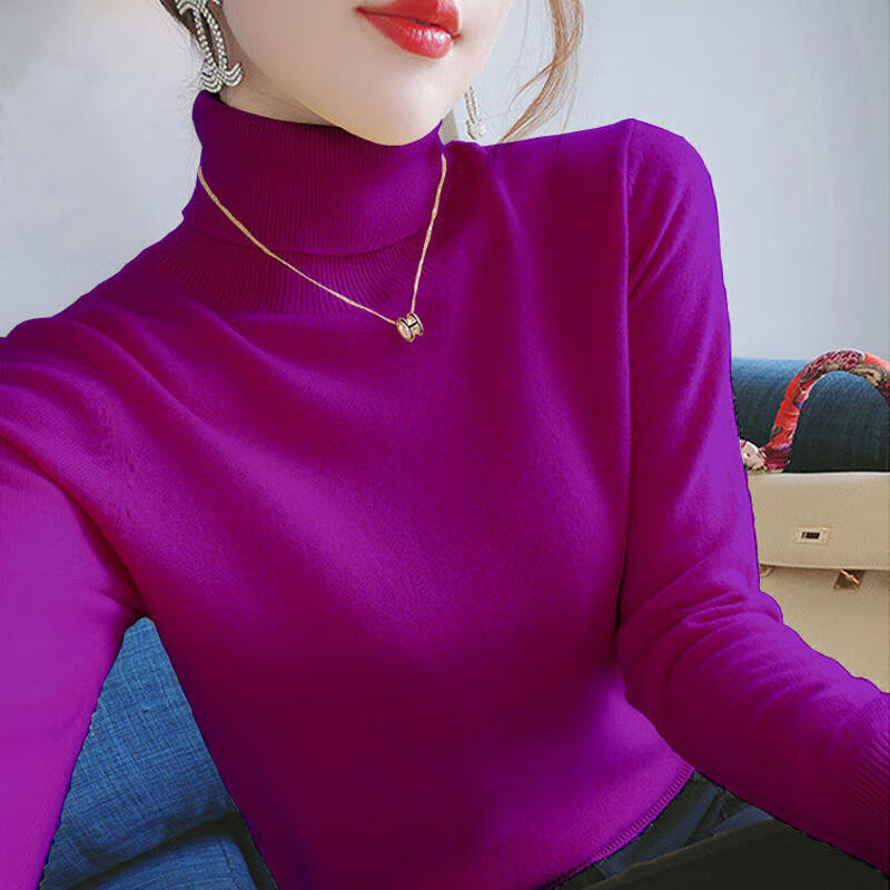 打底女士t恤衫高领长袖针织衫韩版学生女士保暖毛衣秋冬打底衫上 紫色