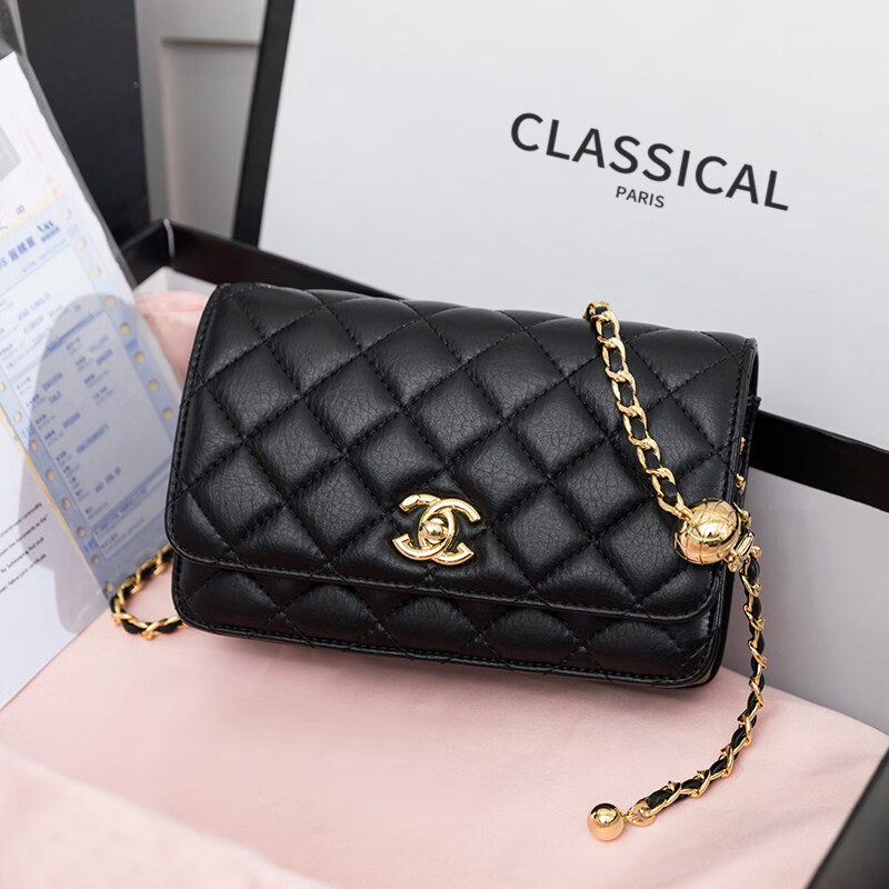 香奈小香儿包包女士新款真皮小金球单肩小方包小香儿时尚链条斜挎包 黑色