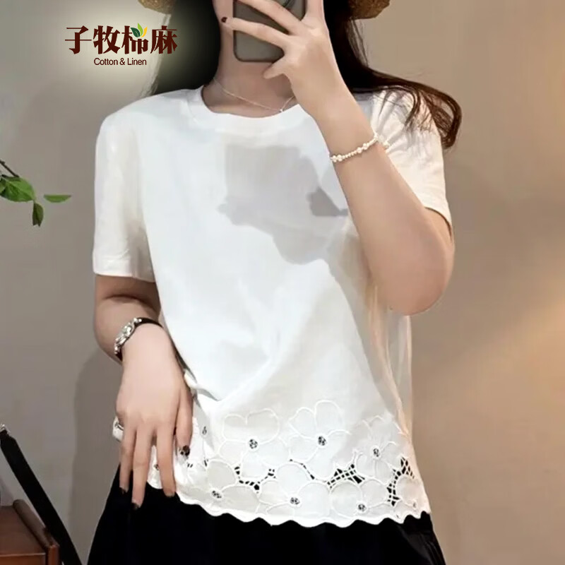 子牧棉麻2026夏装 女时尚设计感拼接钩花镂空小众圆领T恤短袖上衣2228 白色 2XL (建议135-150斤) 京东折扣/优惠券