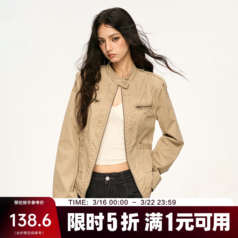 AAISUP美式立领做旧正肩外套女2026年新款春秋设计感休闲百搭夹克上衣潮 卡其色 S