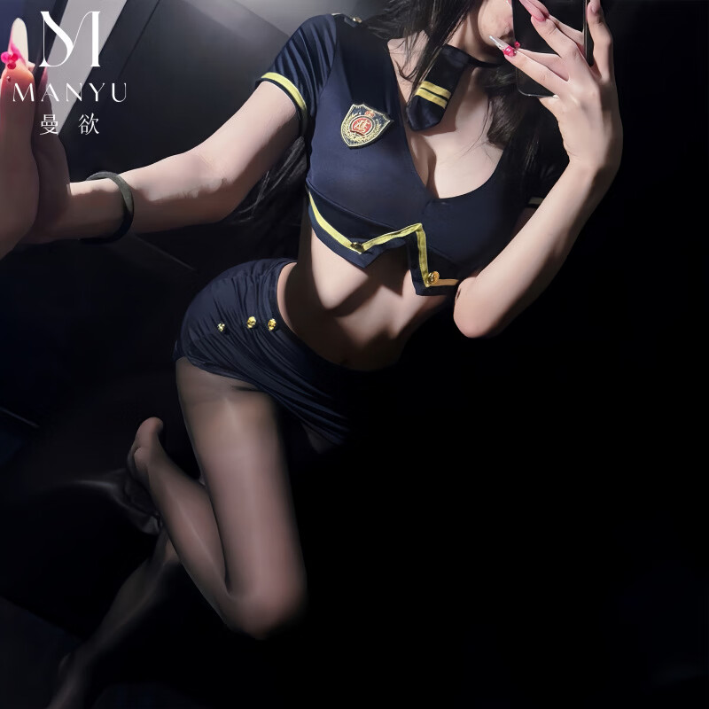 性感纯欲女警短裙套装空姐制服火辣诱惑qqny睡衣 蓝色+黑油光袜 均码 【建议80-120斤】