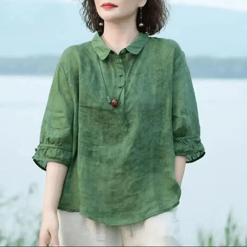 【轻奢品质】夏装精仿天丝T恤洋气上衣新款中年女装中袖麻棉衬衫W 薄荷绿 2XL (建议105-120斤)