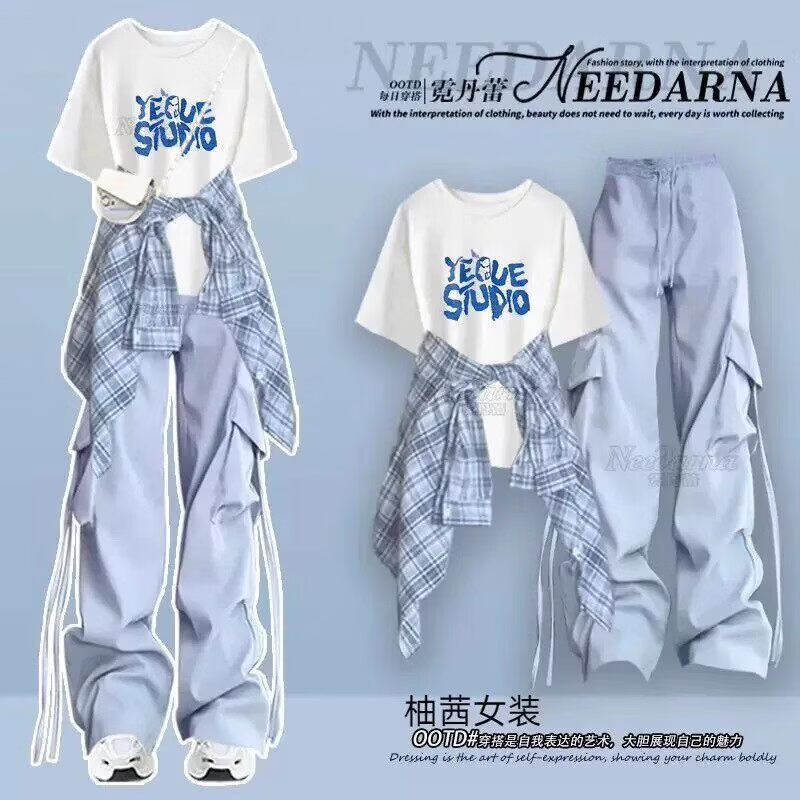 欧颖慕女童运动套装夏季青少年衣服12-16岁女大童短袖衬衫女孩夏装时尚 【三件套】303白色短袖+粉衬衫+粉色工装裤 170 （XL）码【建议120-135斤】