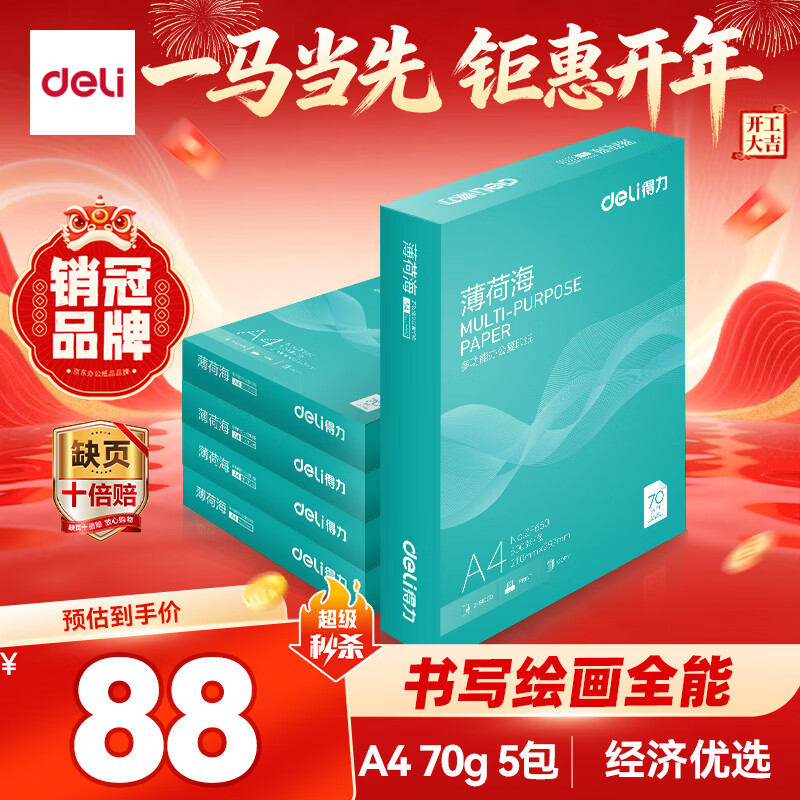 得力（deli）薄荷海A4打印纸 70g500张*5包一箱 双面复印纸 高性价比草稿纸 整箱2500张ZF662【人气新品】