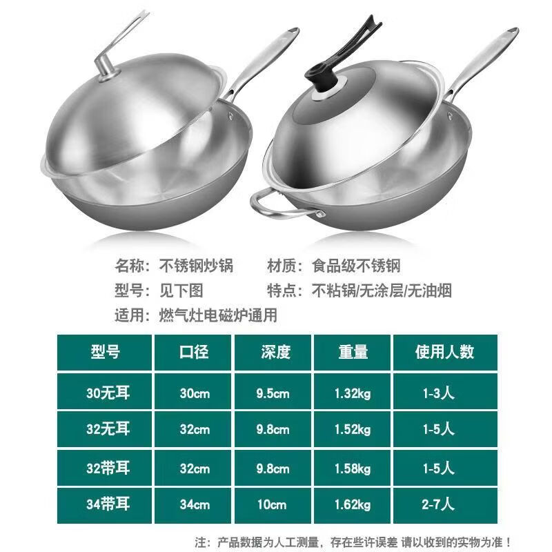 层不不锈钢炒锅加厚平底无涂层不粘锅家用防锈炒菜锅电磁炉通用 带耳款＋锅盖 34cm 不锈钢锅 圆底款
