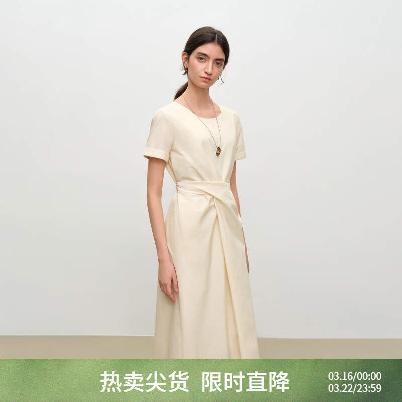 自巧小个子设计感围裹式棉感短袖收腰圆领连衣裙女2026年夏季新品 奶酪黄 S （尺码：3）