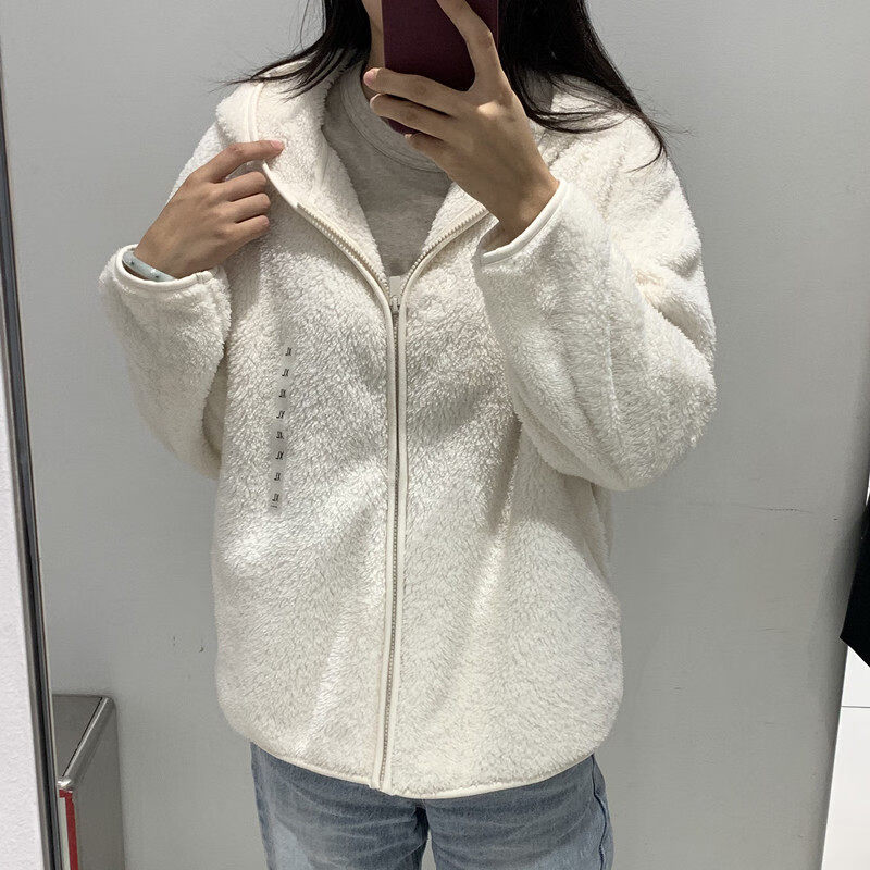 UR服饰5折女装20季长绒摇粒绒保暖夹克长袖拉链开衫连帽外套477056 乳白色 S