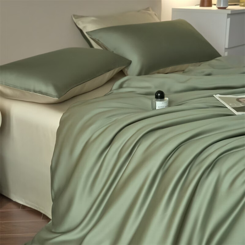 无印良品天丝四件套夏天冰丝床单被套家用丝滑裸睡高级感床笠被罩床上用品 猫眼绿-肉桂茶【60支天丝 细腻柔滑】 1.8m 床笠款 四件套-被套200x230cm