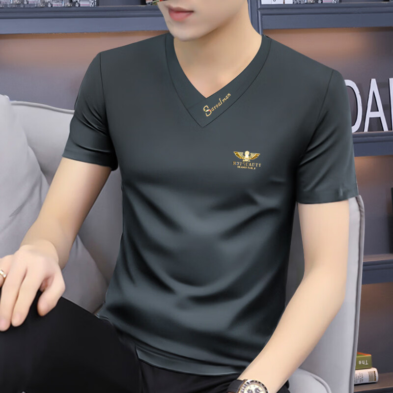 敖琥夏季2026新款莫代尔男士v领短袖t恤上衣服速干体恤衫潮流男装 雾霾蓝 5XL （200-220斤